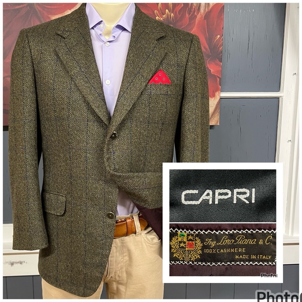VTG Capri Custom Blazer Men 40S Short Cashmere Ventless Green/Navy Shoulder Pads